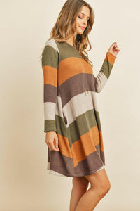 Long Sleeved Rib Stripe Pocket Dress.