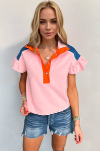 Oh Full Size Contrast Half Snap Short Sleeve Blouse.