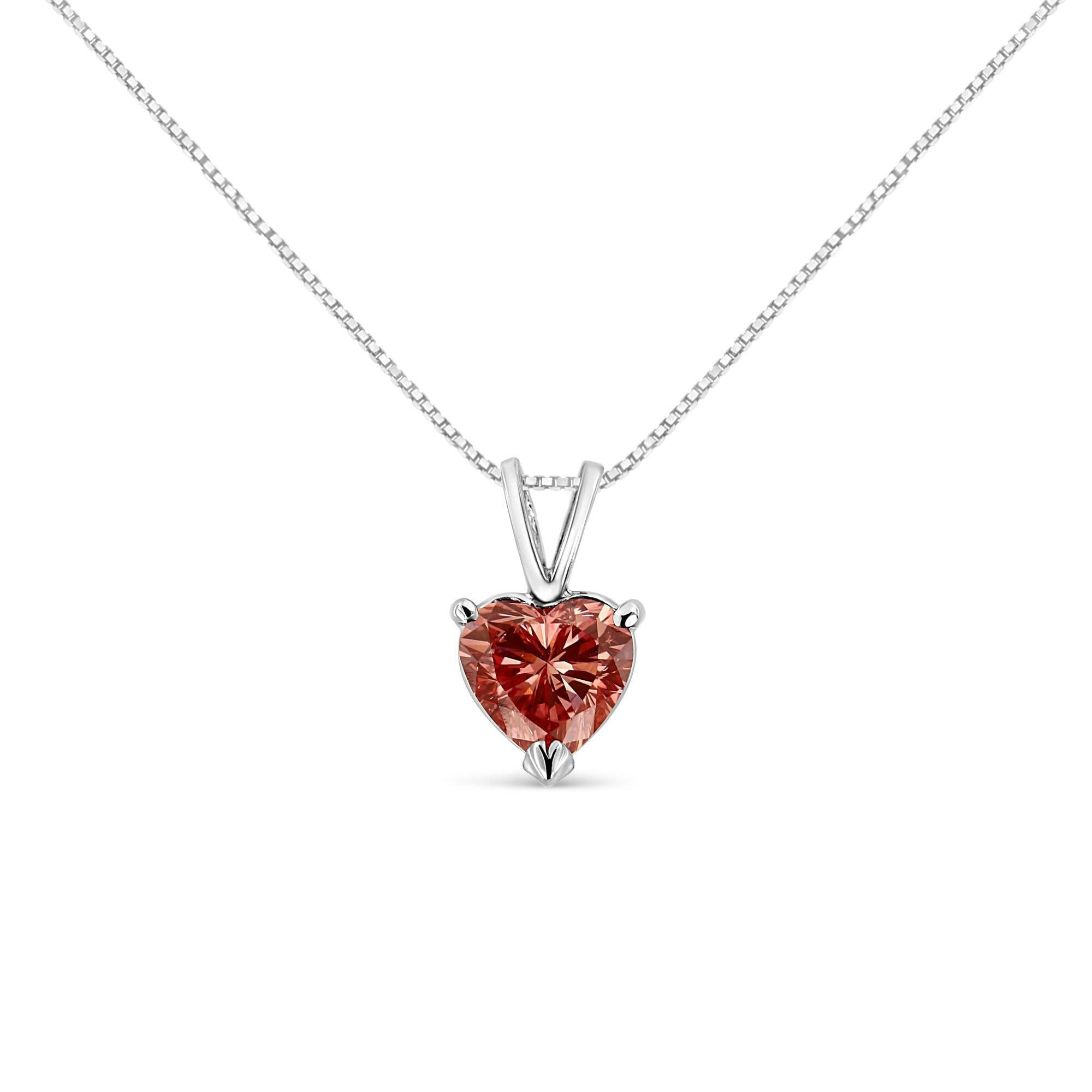 IGI Certified 14K White Gold Martini Set 1.00 Cttw Lab Grown Pink Heart Diamond Solitaire 18" Pendant Necklace (Pink Col