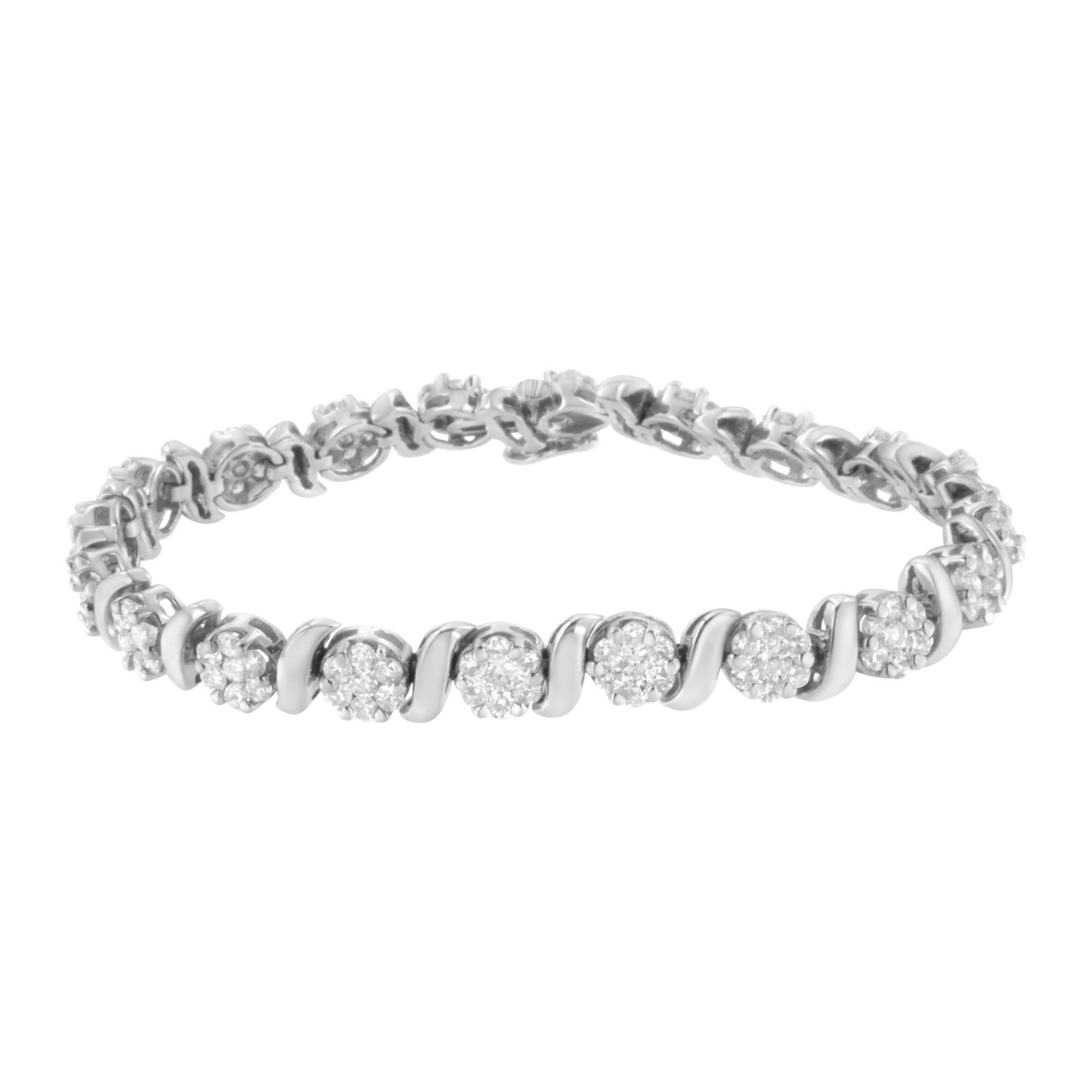 14K White Gold 5 1/4 Cttw Diamond S-Link Floral Cluster Tennis Bracelet (I-J Clarity, SI2-I1 Color) - Size 7"