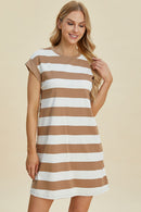 Basic Bae Full Size Striped Round Neck Cap Sleeve Mini Dress.