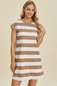 Basic Bae Full Size Striped Round Neck Cap Sleeve Mini Dress.