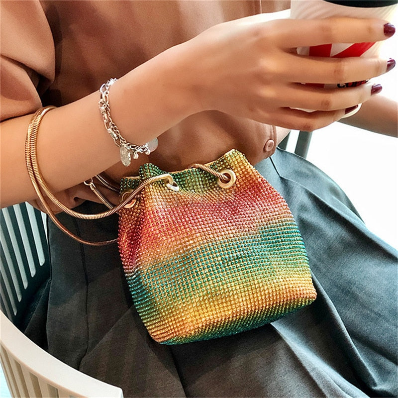 Crystal Bucket Bag for Women Multicolor Rhinestone Beaded Handbag Luxury.