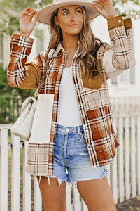 Sutton Plaid Color Block Patchwork Shirt Jacket With Pocket.