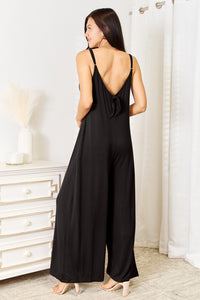 Double Take Full Size Soft Rayon Spaghetti Strap Tied Wide Leg Jumpsuit.