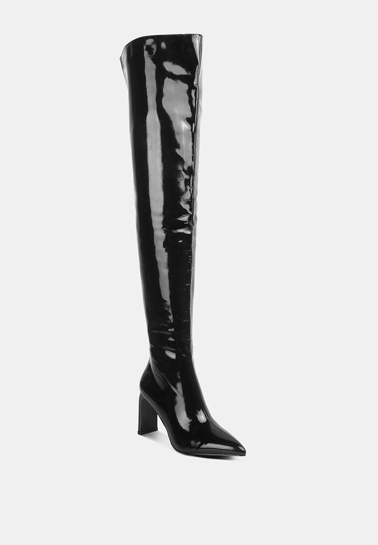 Minkles Patent Pu Long Slim Block Heeled Boots.