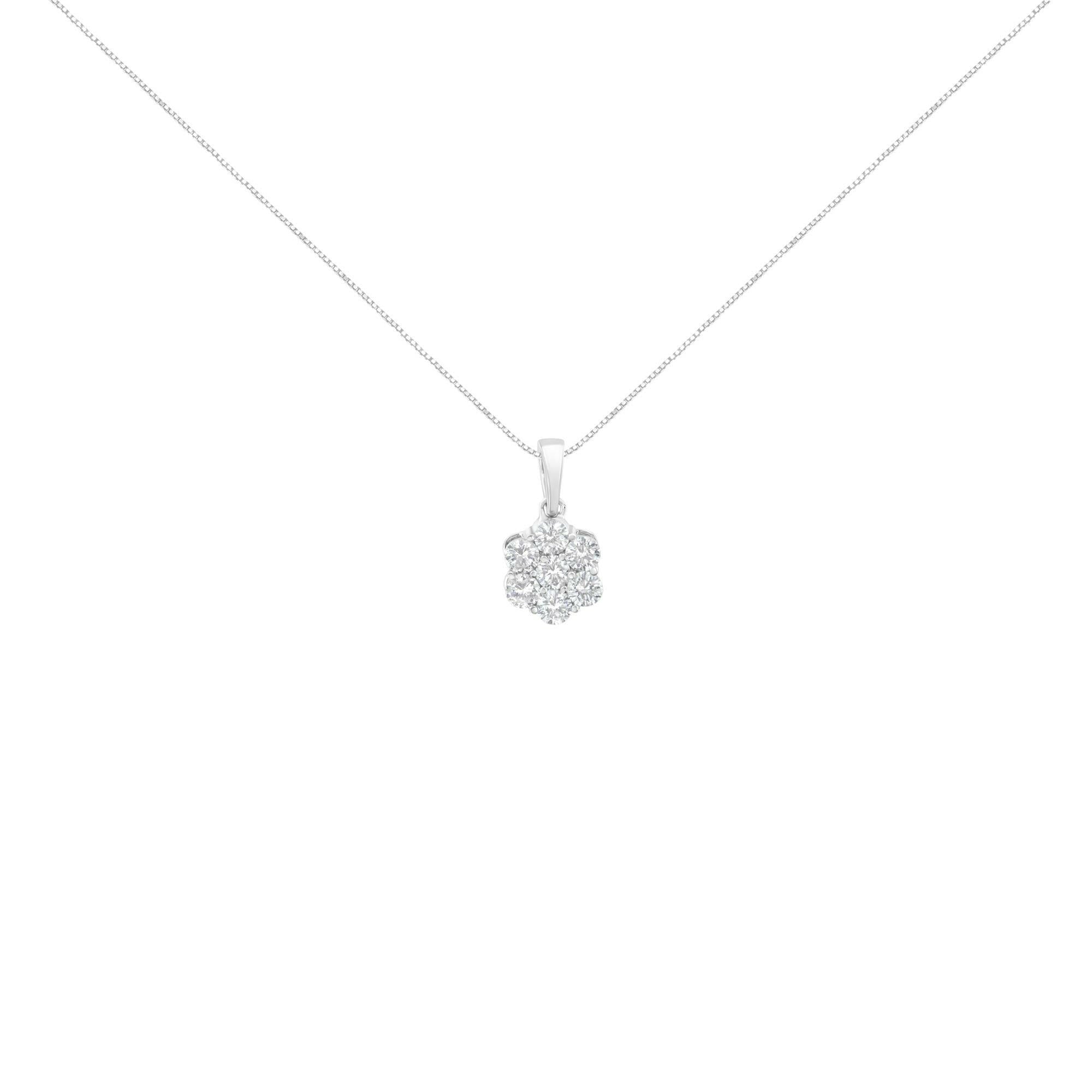 14K White Gold 1 Cttw Brilliant Round-Cut Diamond 7 Stone Flower 18" Pendant Necklace (F-G Color, VS1-VS2 Clarity)