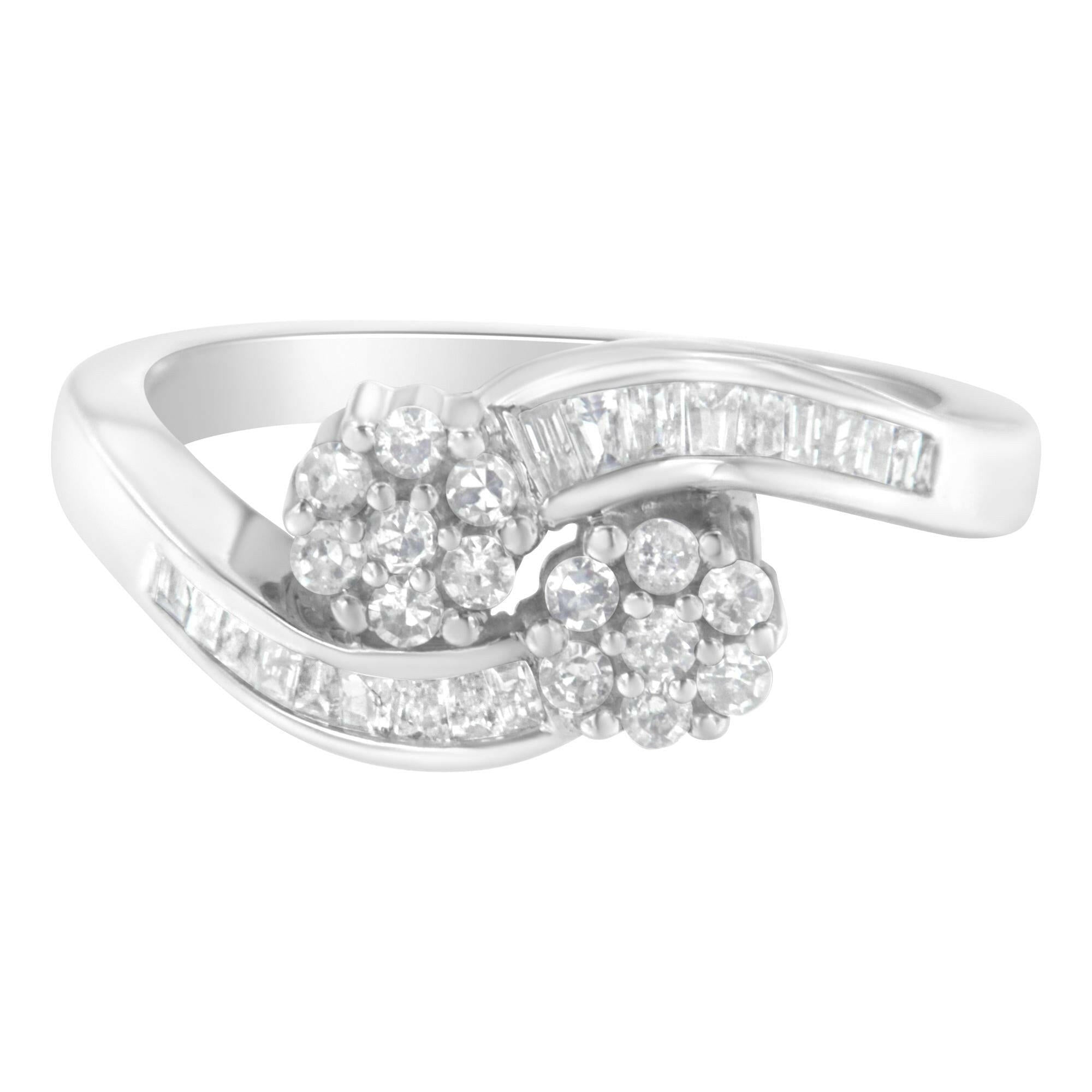 14K White Gold Round and Baguette Diamond Bypass Ring (1/2 Cttw, H-I Color, I1-I2 Clarity)