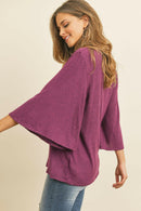 Boat Neck Bell Sleeve Solid Hacci Brushed Top.