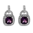 .925 Sterling Silver 8MM Natural Cushion Shaped Amethyst and Diamond Accent Halo With Push Back Dangle Earrings (I-J Col.