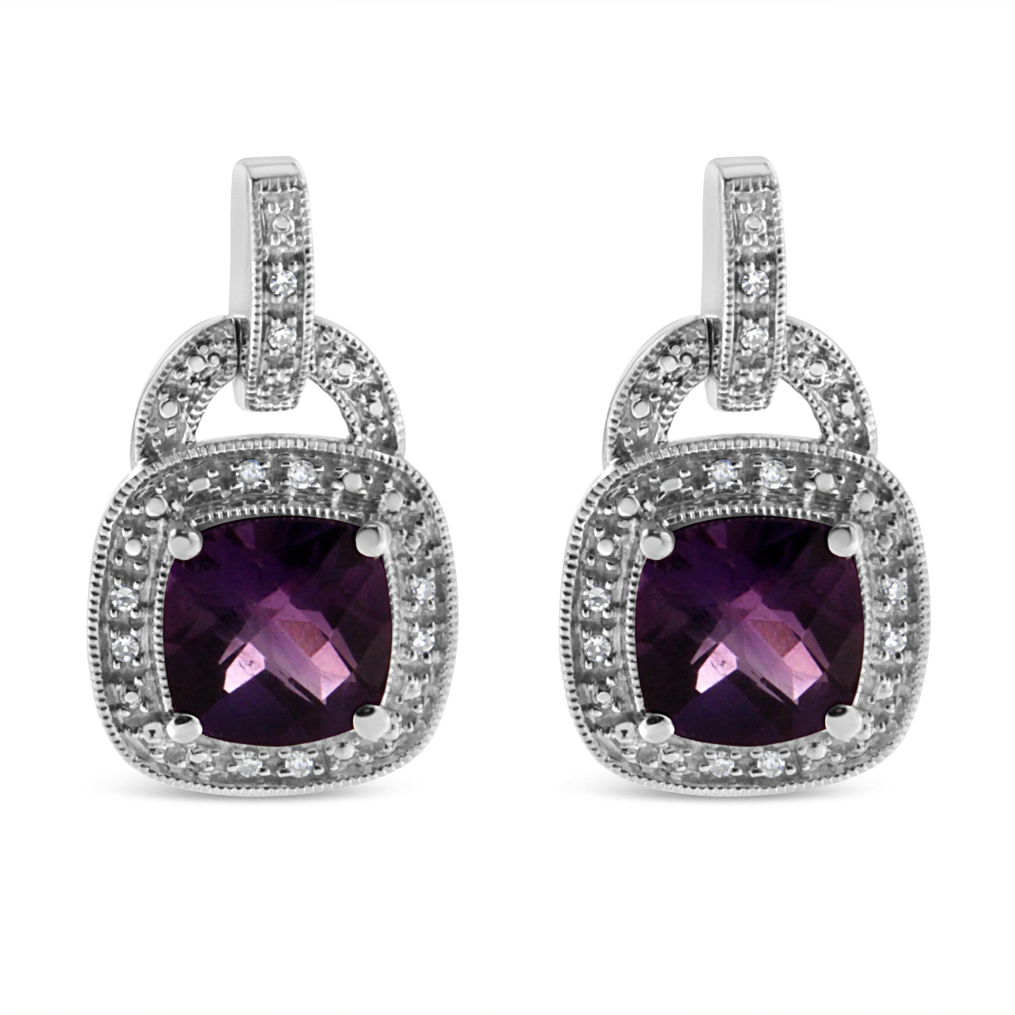 .925 Sterling Silver 8MM Natural Cushion Shaped Amethyst and Diamond Accent Halo With Push Back Dangle Earrings (I-J Col