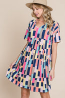 BOMBOM Ruched Color Block Short Sleeve Mini Dress.