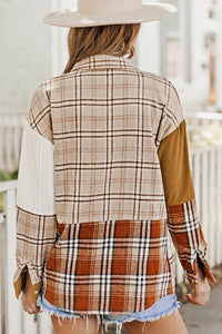 Sutton Plaid Color Block Patchwork Shirt Jacket With Pocket.