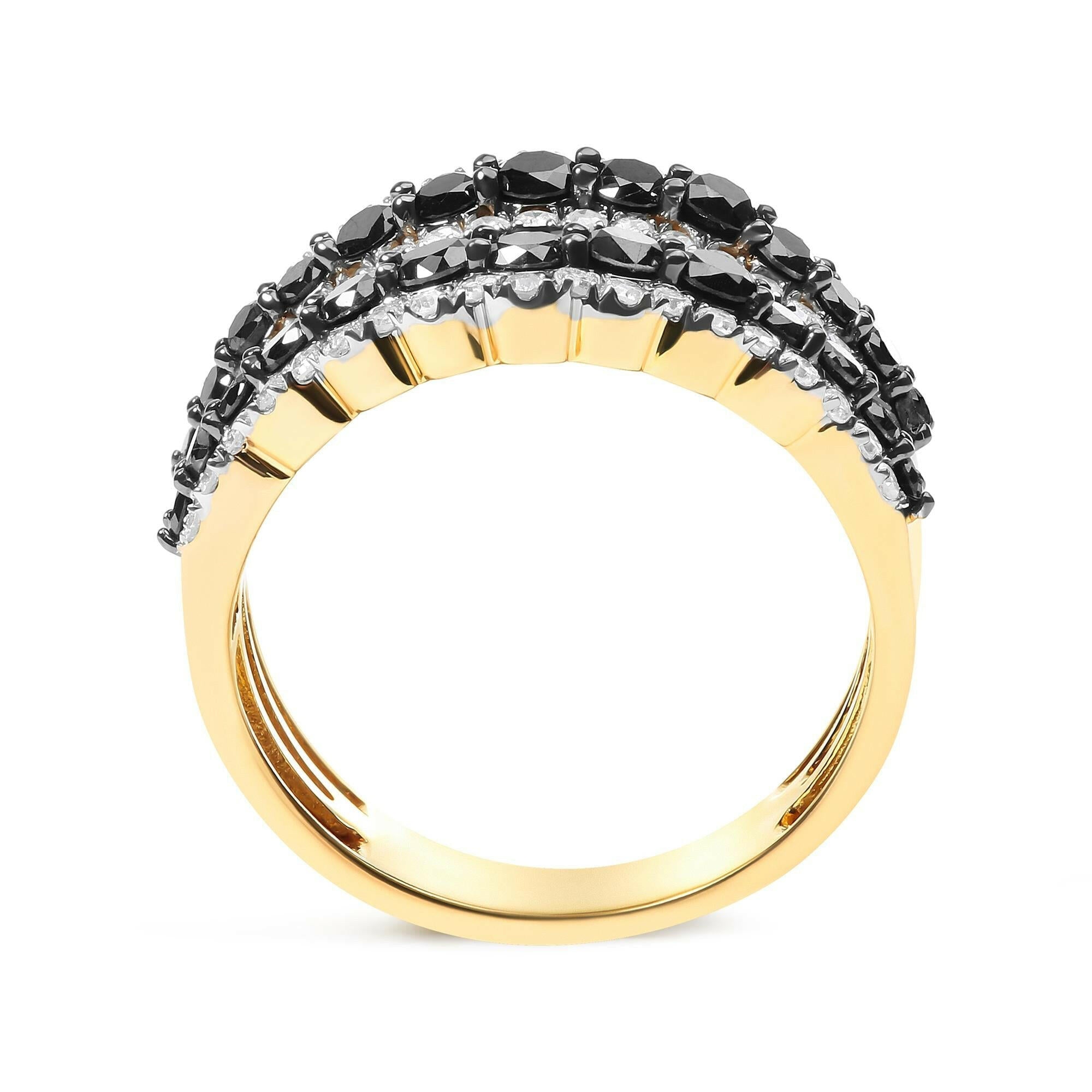 14K Yellow Gold Plated .925 Sterling Silver 1 3/4 Cttw Treated Black and White Alternating Diamond Multi Row Band Ring (.