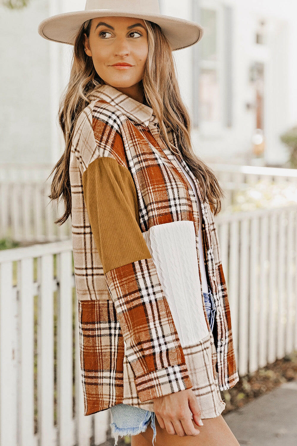 Sutton Plaid Color Block Patchwork Shirt Jacket With Pocket.