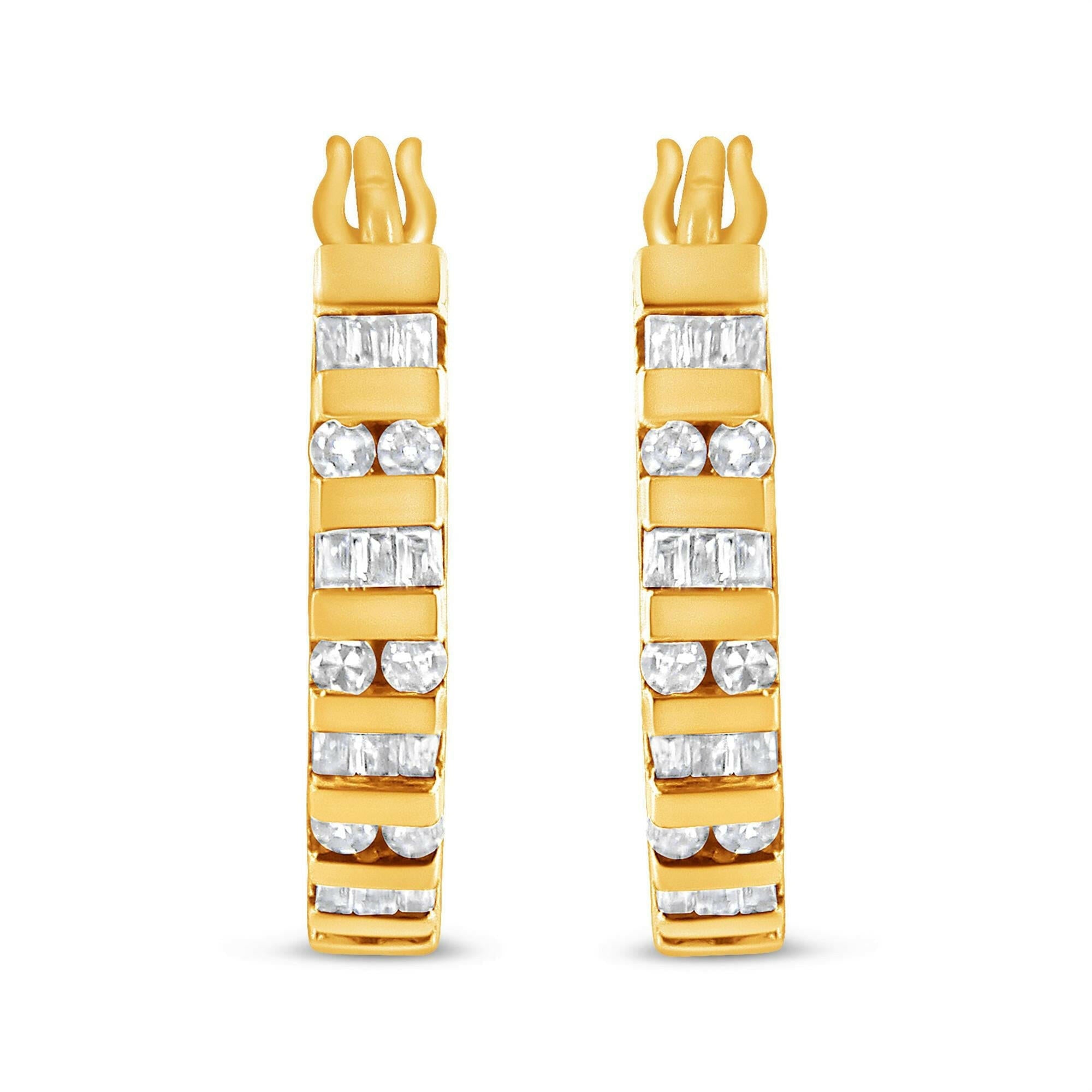 10K Gold Round and Baguette-Cut Diamond Hoop Earrings (I-J Color, I2-I3 Clarity).