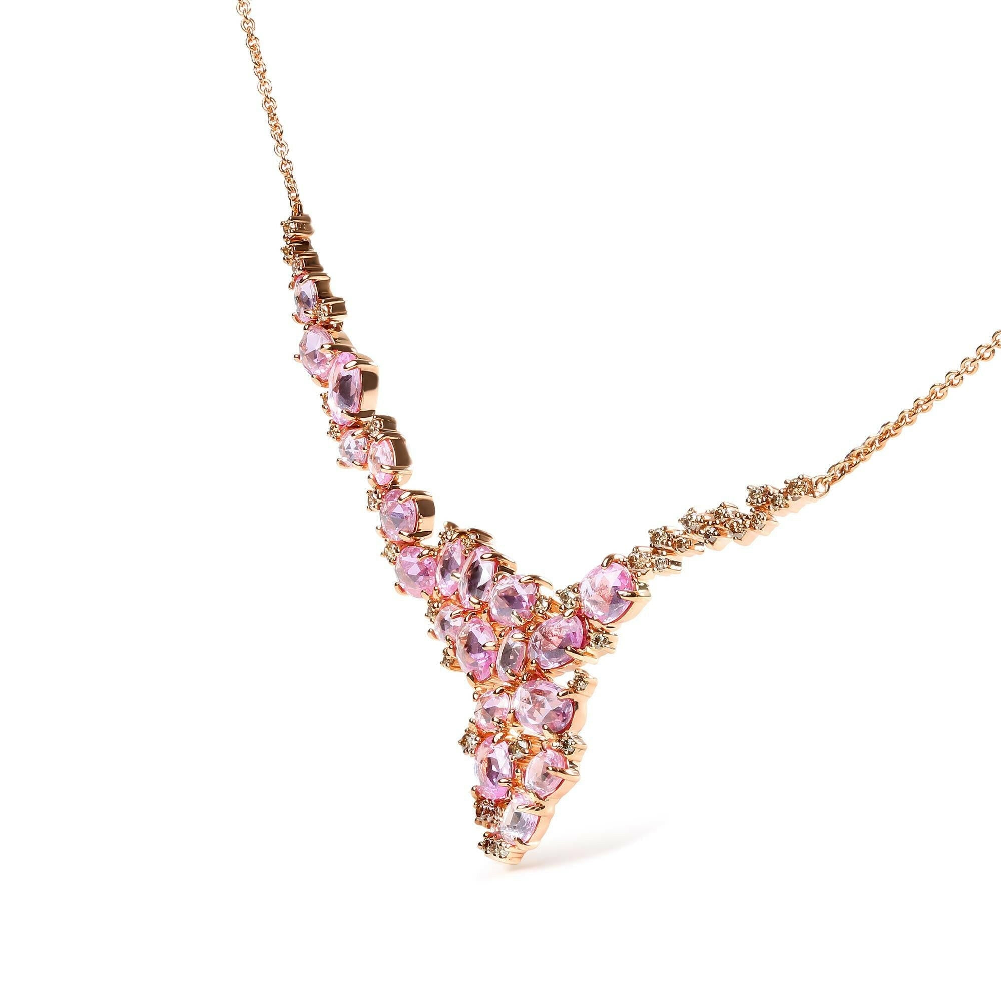 18K Rose Gold 1/2 Cttw Brown Diamond and Multi-Size Oval Pink Sapphire Cluster Cascade Statement Station Necklace (Brown.