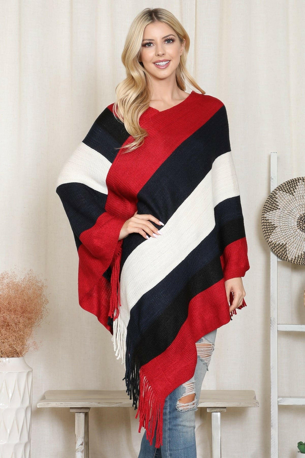 Hdf2099 - Color Block Fringe Poncho.