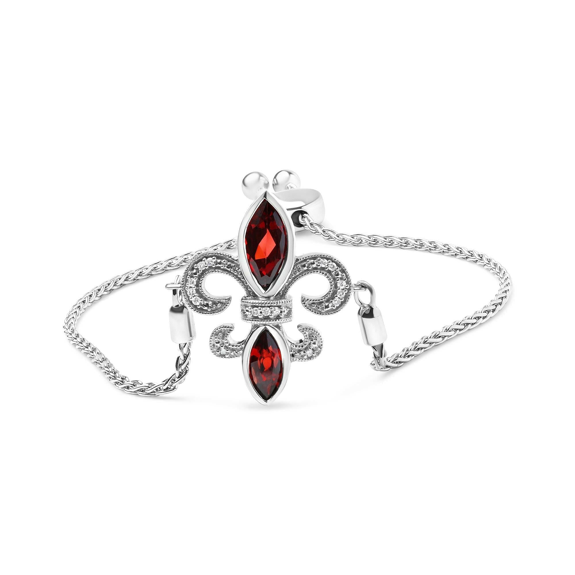 .925 Sterling Silver Marquise Garnet  and Diamond Accent Lariat 4”-10” Fleur De Lis Adjustable Bolo Bracelet (H-I Color,