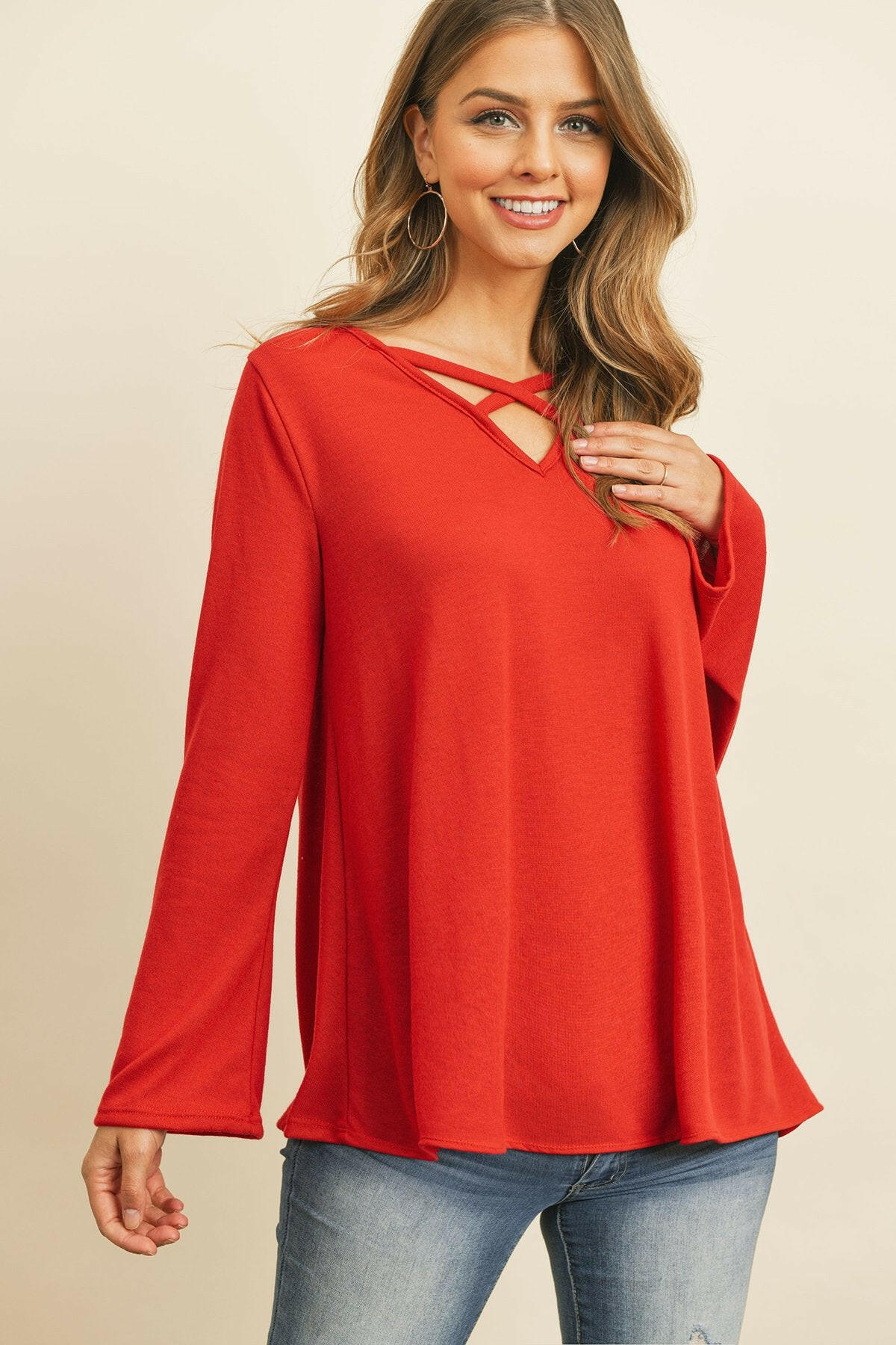 Criss Cross Neck Long Sleeve Hacci Top