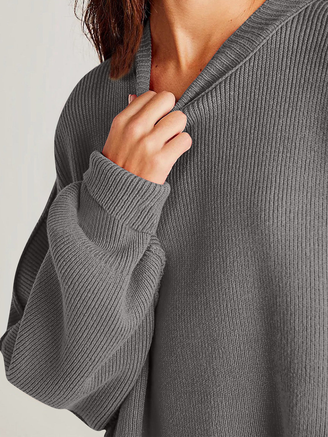 Double Take Side Slit Round Neck Long Sleeve Sweater.