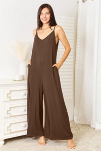 Double Take Full Size Soft Rayon Spaghetti Strap Tied Wide Leg Jumpsuit.