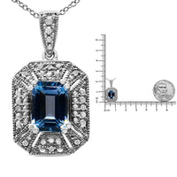 .925 Sterling Silver Blue Topaz and Diamond Accent Art Deco Style 18" Pendant Necklace (I-J Color, I1-I2 Clarity).