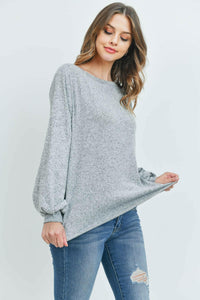 Puff Sleeved Boat Neck Two Toned Brushed Hacci Top