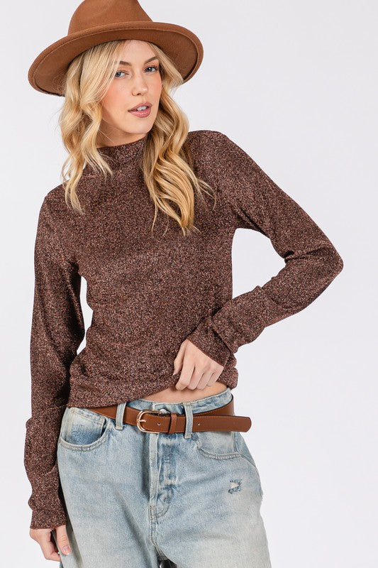 SAGE + FIG Glitter Mock Neck Lettuce Hem Long Sleeve Top.