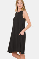 Zenana Full Size Sleeveless Flared Dress with Side Pockets.