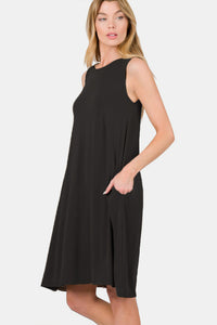 Zenana Full Size Sleeveless Flared Dress with Side Pockets.