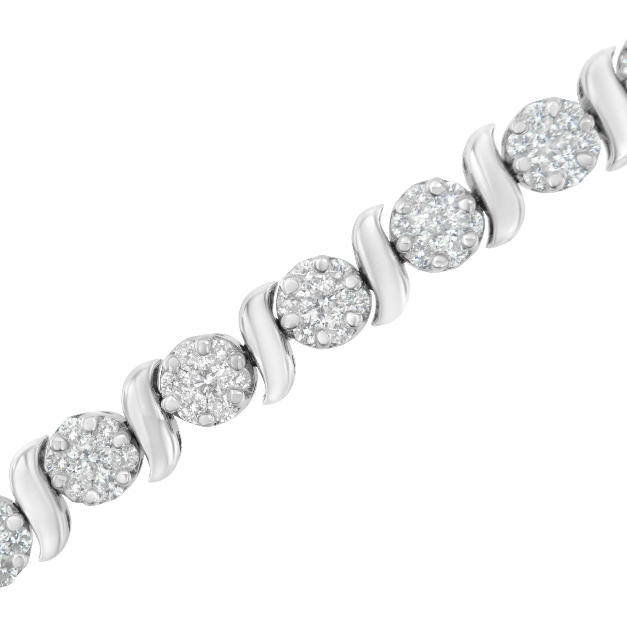 14K White Gold 5 1/4 Cttw Diamond S-Link Floral Cluster Tennis Bracelet (I-J Clarity, SI2-I1 Color) - Size 7".