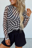 Checkered Mock Neck Long Sleeve Blouse.