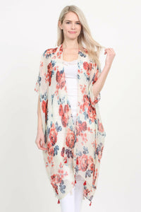 Open Front Knee Length Floral Cardigan.