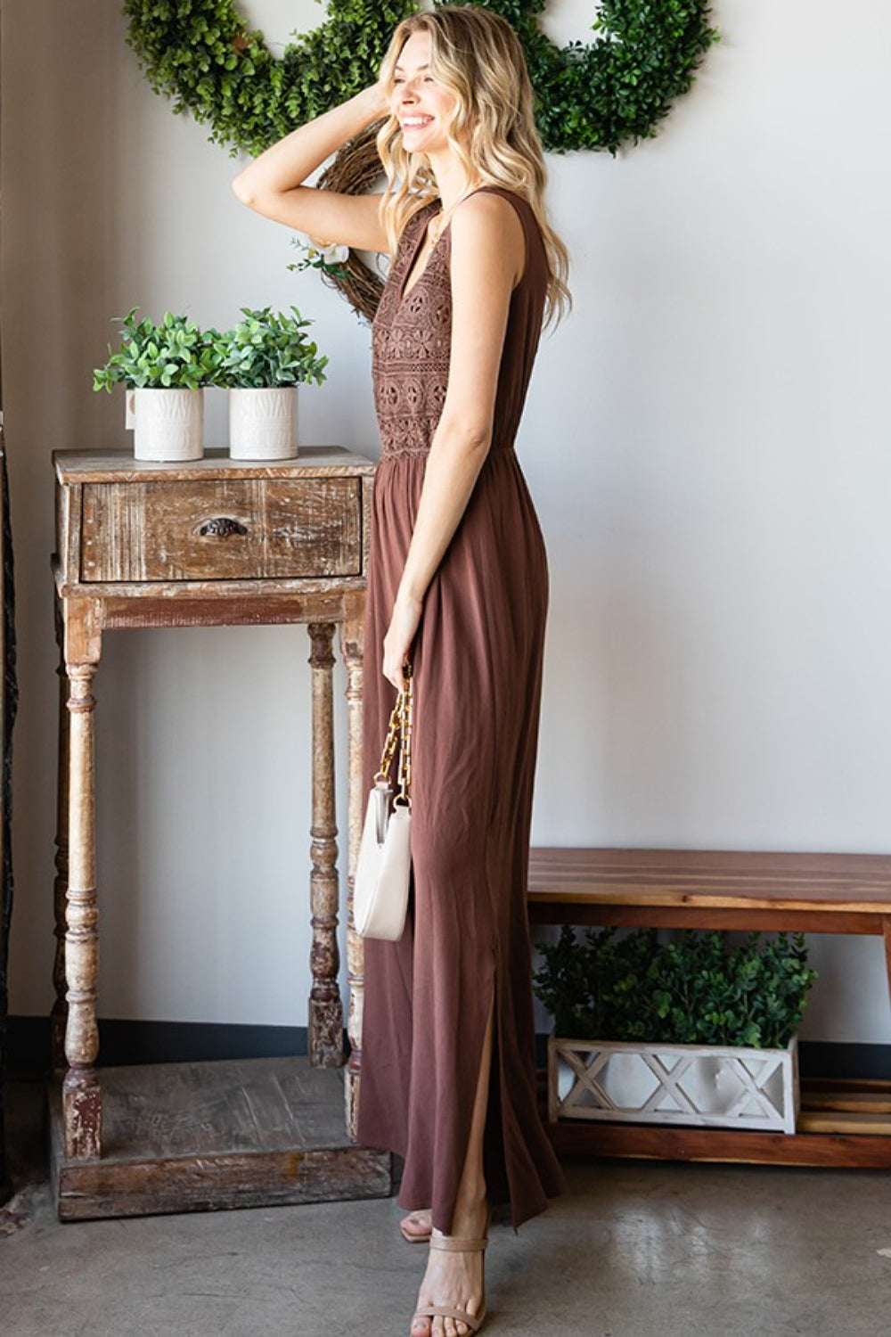 First Love Tie Back Sleeveless Slit Wide Leg Jumpsuit.