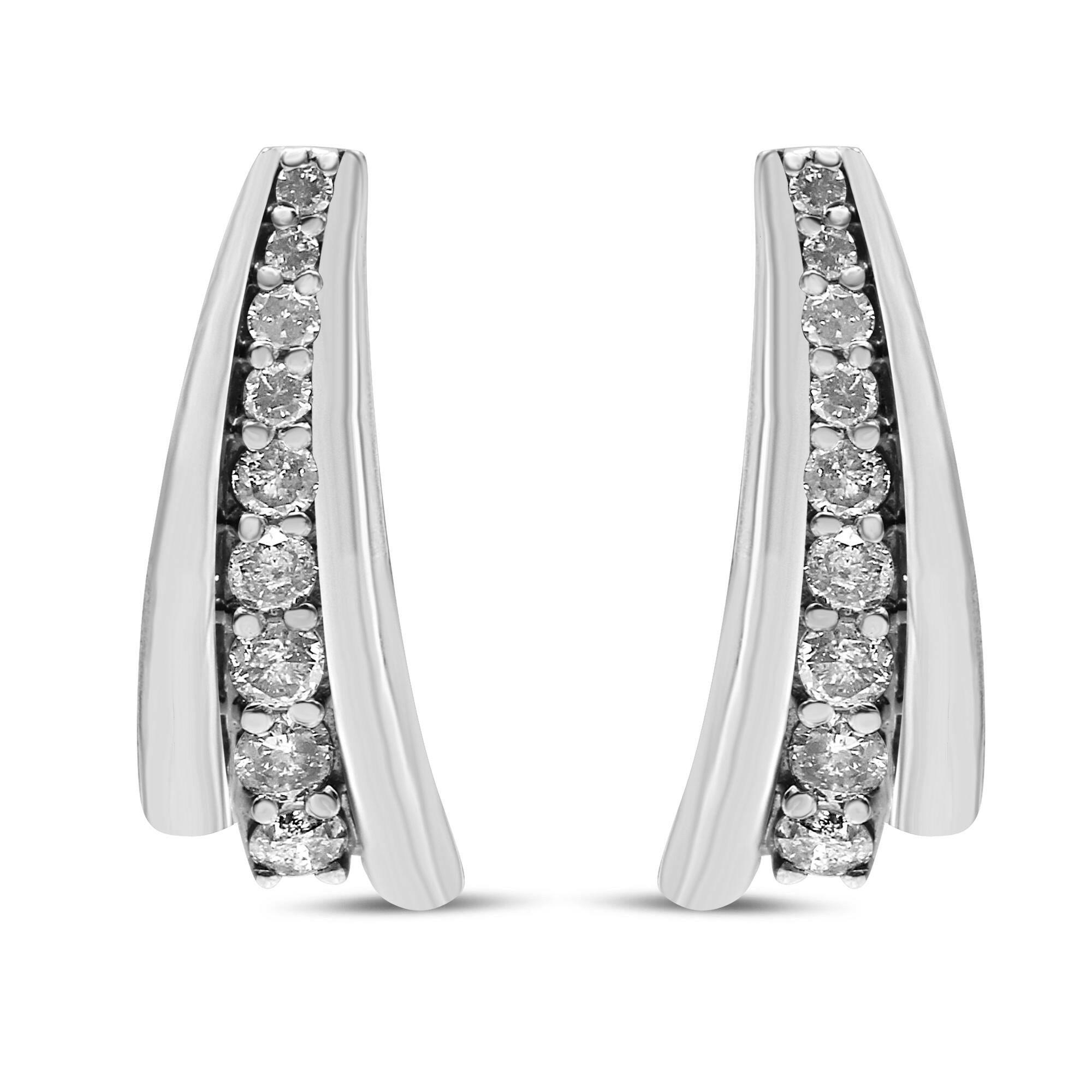 .925 Sterling Silver 1 Cttw Round Diamond Graduated Huggie Earrings (I2-I3 Clarity, I-J Color)