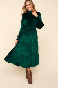 Haptics Mock Neck Smocked Waist Velvet Tiered Dress.