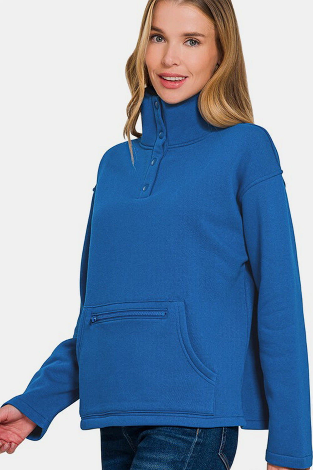 Zenana Turtleneck Half Snap Fleece Sweatshirt.