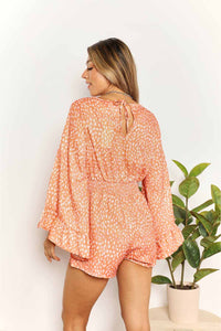 Double Take Printed Flare Sleeve Surplice Romper.