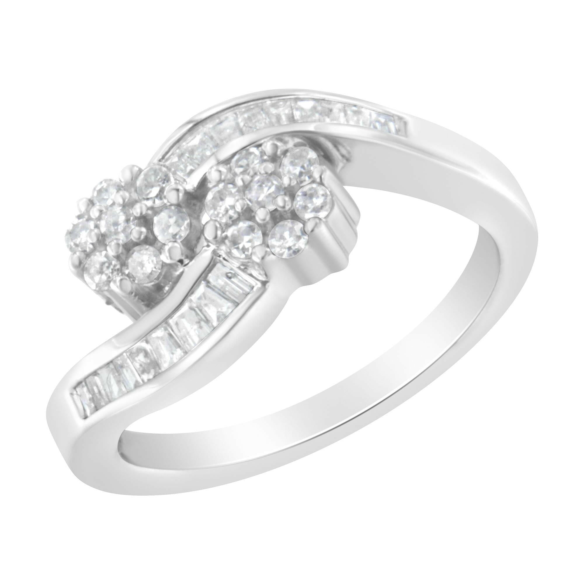 14K White Gold Round and Baguette Diamond Bypass Ring (1/2 Cttw, H-I Color, I1-I2 Clarity)