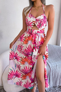 Botanical Print Tied Backless Cutout Slit Dress