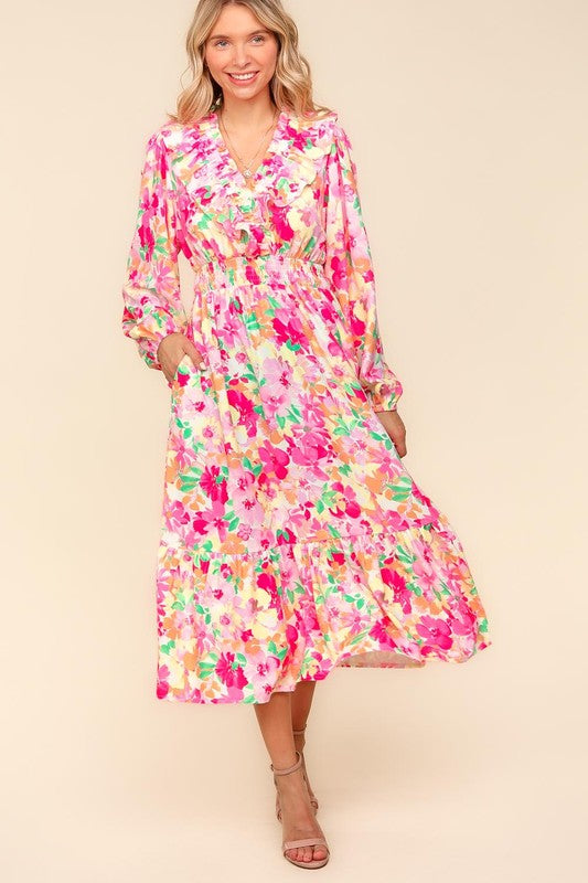 Haptics Full Size Floral Surplice Balloon Sleeve Dress with Side Pockets.