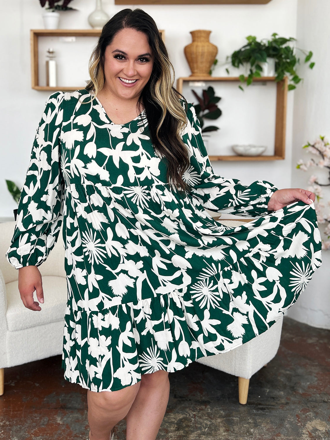 Double Take Full Size Printed Ruffle Hem Dress with Pocket.