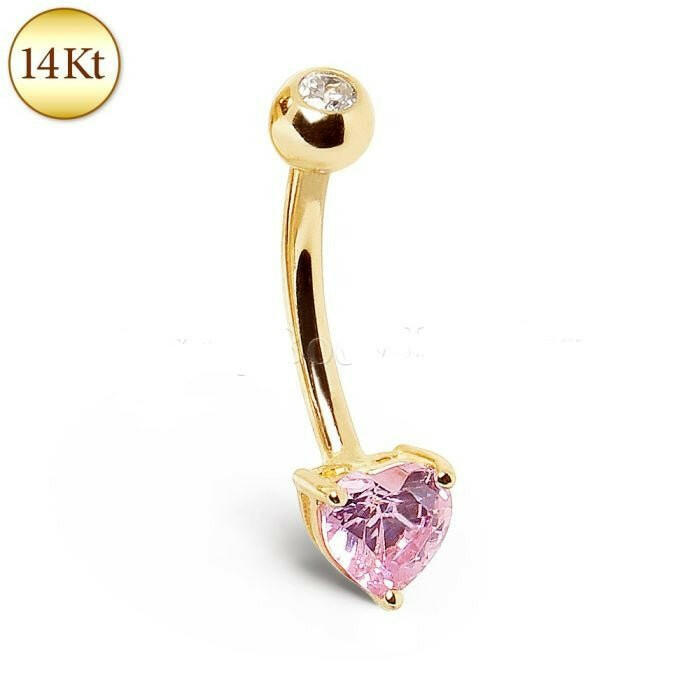 14Kt Gold Navel Ring With Prong Set Heart CZ