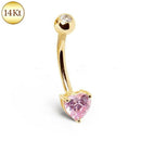 14Kt Gold Navel Ring With Prong Set Heart CZ.