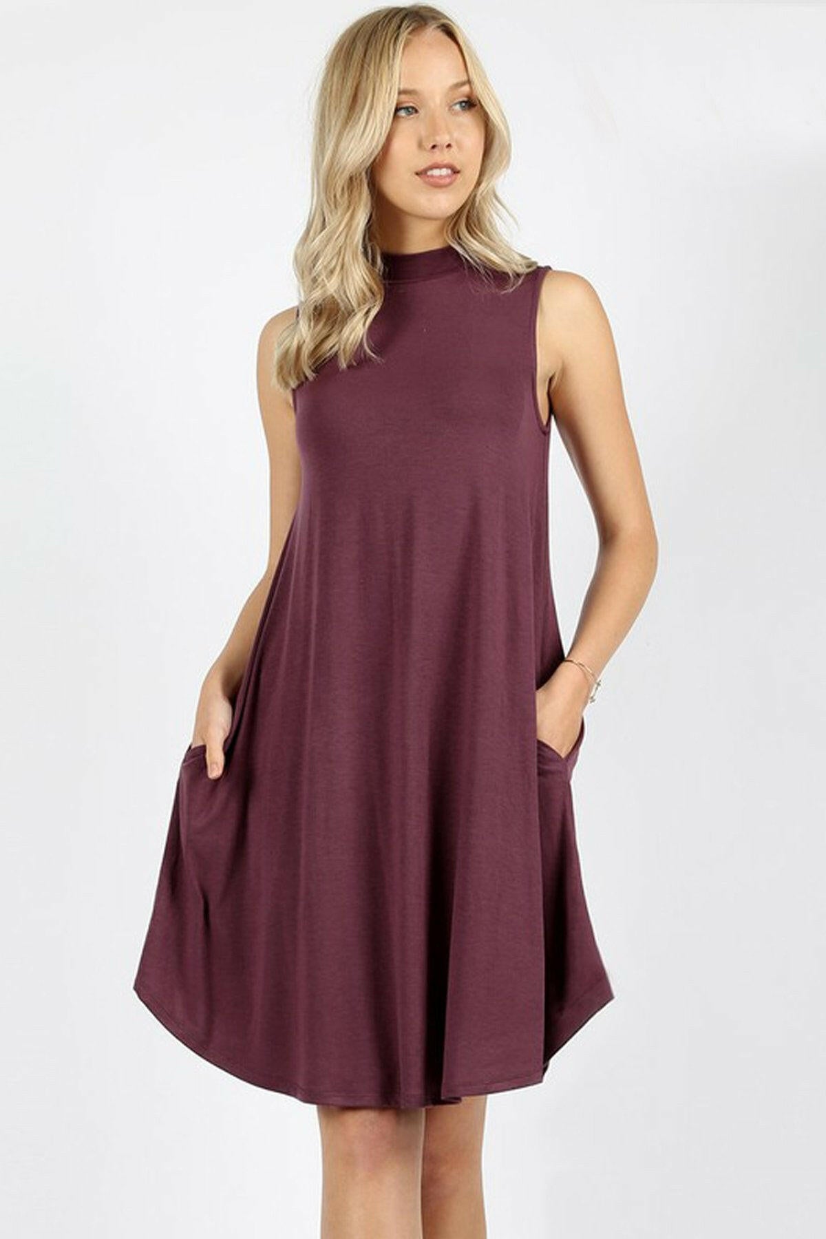 Premium Mock Neck Sleeveless Dress Pockets