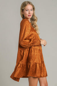 Umgee Smocked Leopard Long Sleeve Tiered Dress.