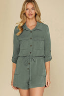 Reese Roll Up Sleeve Flap Pockets Drawstring Romper.