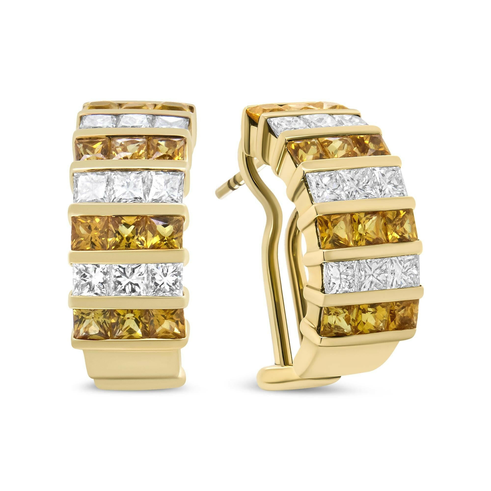 18K Yellow Gold 1 3/4 Cttw Invisible Set Princess Cut Diamond and 2.5mm Yellow Sapphire Huggie Hoop Earrings (F-G Color,.