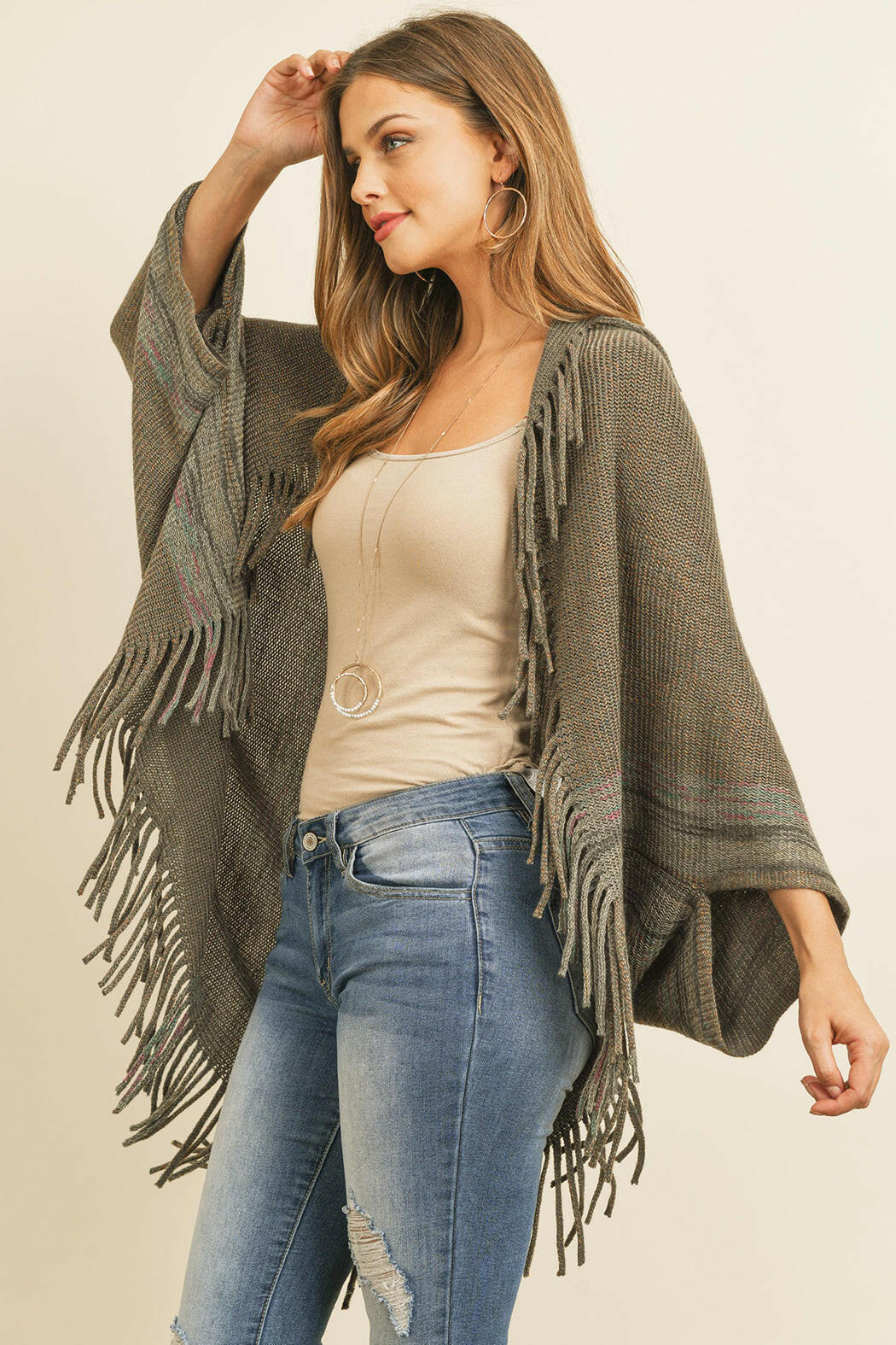 Fringe Stripe Open Front Kimono.